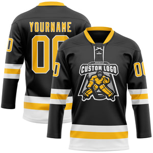 Custom Black Gold-White Hockey Lace Neck Jersey