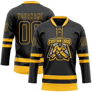 Custom Black Gold Hockey Lace Neck Jersey