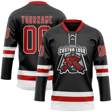 Load image into Gallery viewer, Custom Black Red-White Hockey Lace Neck Jersey
