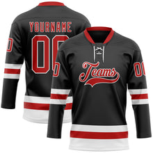 Load image into Gallery viewer, Custom Black Red-White Hockey Lace Neck Jersey
