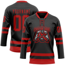 Charger l&#39;image dans la galerie, Custom Black Red Hockey Lace Neck Jersey
