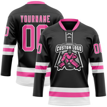 Custom Black Pink-White Hockey Lace Neck Jersey