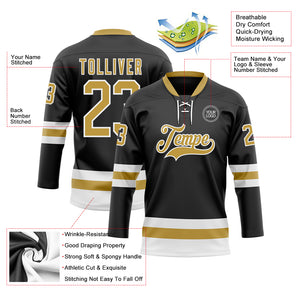 Custom Black Old Gold-White Hockey Lace Neck Jersey