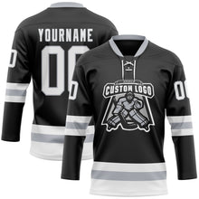 Загрузить изображение в средство просмотра галереи, Custom Black White-Gray Hockey Lace Neck Jersey
