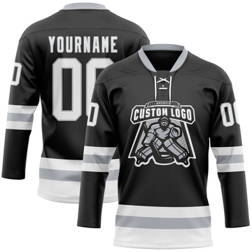 Custom Black White-Gray Hockey Lace Neck Jersey