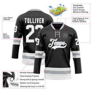 Custom Black White-Gray Hockey Lace Neck Jersey