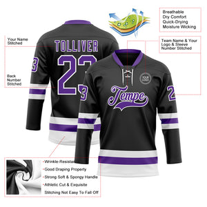 Custom Black Purple-White Hockey Lace Neck Jersey