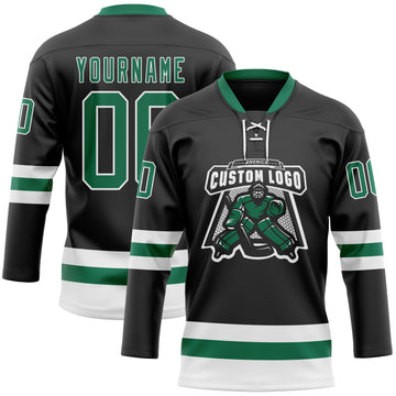 Custom Black Kelly Green-White Hockey Lace Neck Jersey