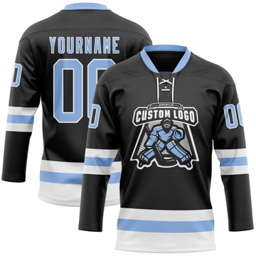 Custom Black Light Blue-White Hockey Lace Neck Jersey