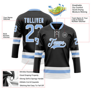 Custom Black Light Blue-White Hockey Lace Neck Jersey