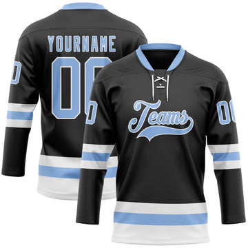 Custom Black Light Blue-White Hockey Lace Neck Jersey