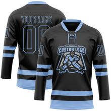 Load image into Gallery viewer, Custom Black Light Blue Hockey Lace Neck Jersey
