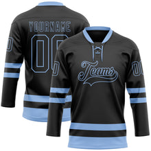 Load image into Gallery viewer, Custom Black Light Blue Hockey Lace Neck Jersey
