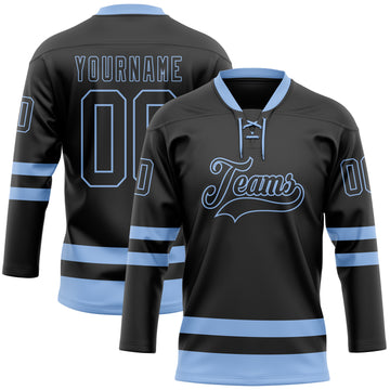 Custom Black Light Blue Hockey Lace Neck Jersey