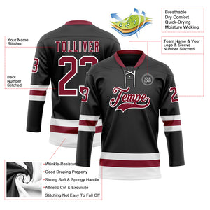 Custom Black Crimson-White Hockey Lace Neck Jersey