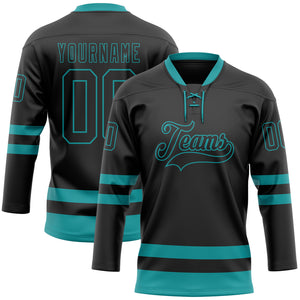 Custom Black Teal Hockey Lace Neck Jersey