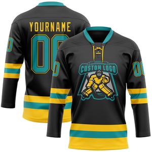 Custom Black Teal-Yellow Hockey Lace Neck Jersey