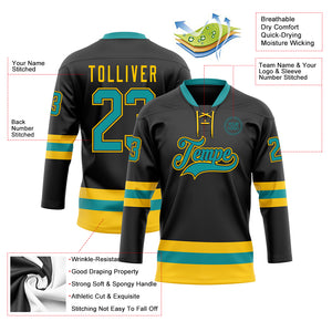 Custom Black Teal-Yellow Hockey Lace Neck Jersey