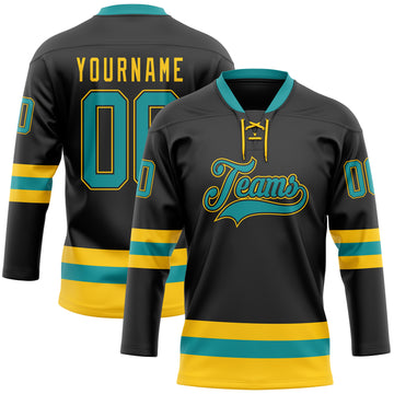 Custom Black Teal-Yellow Hockey Lace Neck Jersey