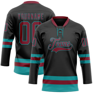 Custom Black Crimson-Teal Hockey Lace Neck Jersey