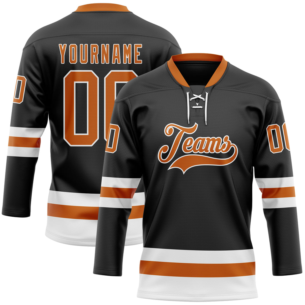 Custom Black Texas Orange-White Hockey Lace Neck Jersey