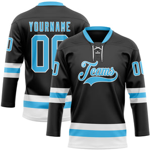 Custom Black Sky Blue-White Hockey Lace Neck Jersey