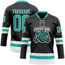 Загрузить изображение в средство просмотра галереи, Custom Black Aqua-White Hockey Lace Neck Jersey
