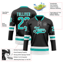 Загрузить изображение в средство просмотра галереи, Custom Black Aqua-White Hockey Lace Neck Jersey
