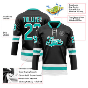 Custom Black Aqua-White Hockey Lace Neck Jersey