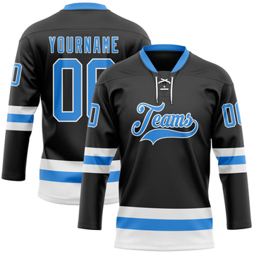 Custom Black Powder Blue-White Hockey Lace Neck Jersey