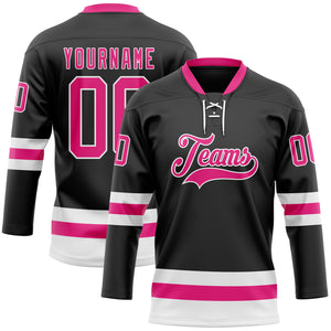 Custom Black Hot Pink-White Hockey Lace Neck Jersey