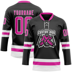 Custom Black Deep Pink-White Hockey Lace Neck Jersey