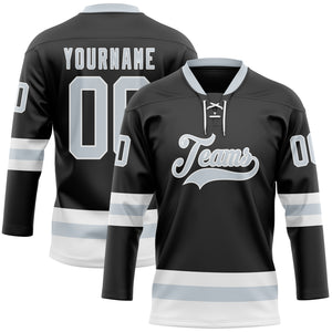 Custom Black Silver-White Hockey Lace Neck Jersey