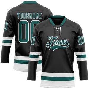 Custom Black Midnight Green-White Hockey Lace Neck Jersey