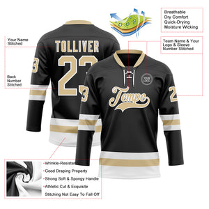 Custom Black Vegas Gold-White Hockey Lace Neck Jersey