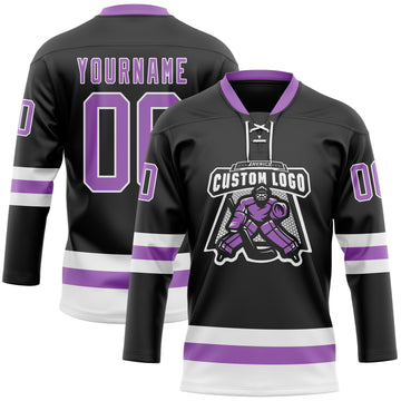 Custom Black Medium Purple-White Hockey Lace Neck Jersey