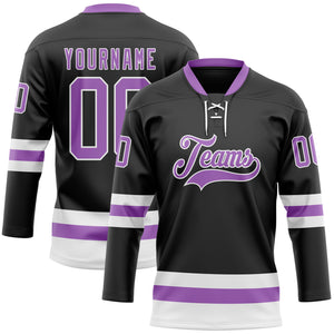 Custom Black Medium Purple-White Hockey Lace Neck Jersey