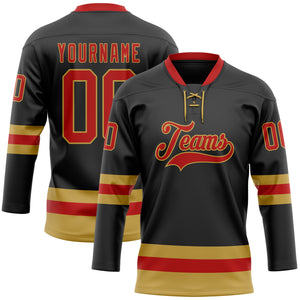 Custom Black Red-Old Gold Hockey Lace Neck Jersey