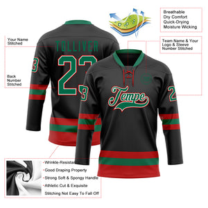 Custom Black Kelly Green-Red Hockey Lace Neck Jersey