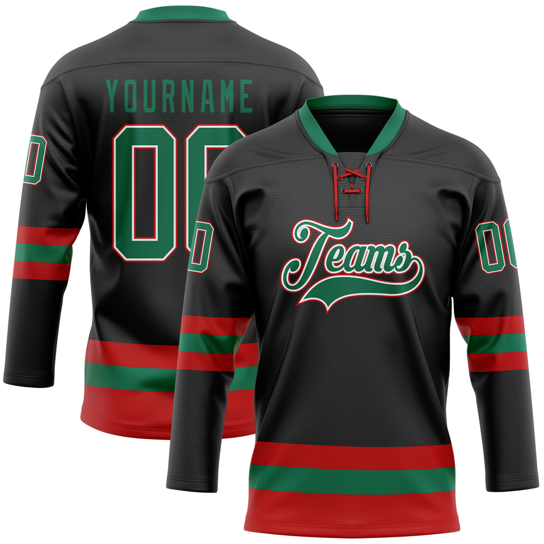 Custom Black Kelly Green-Red Hockey Lace Neck Jersey