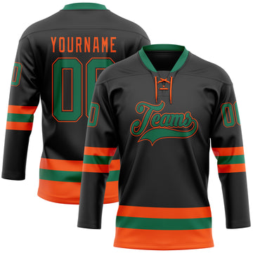 Custom Black Kelly Green-Orange Hockey Lace Neck Jersey