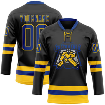 Custom Black Royal-Yellow Hockey Lace Neck Jersey