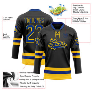 Custom Black Royal-Yellow Hockey Lace Neck Jersey