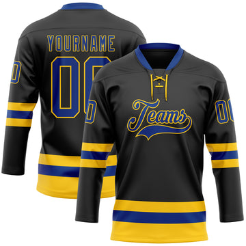 Custom Black Royal-Yellow Hockey Lace Neck Jersey