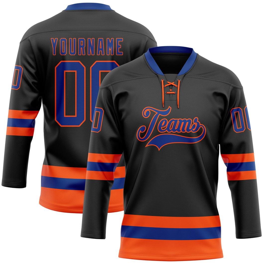 Custom Black Royal-Orange Hockey Lace Neck Jersey