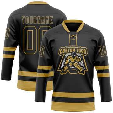 Custom Black Old Gold Hockey Lace Neck Jersey