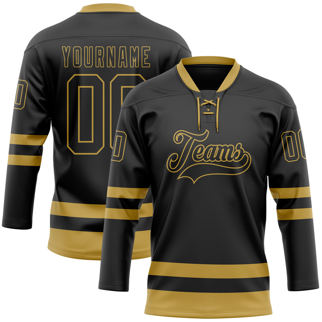 Custom Black Old Gold Hockey Lace Neck Jersey