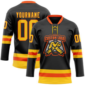 Custom Black Yellow-Orange Hockey Lace Neck Jersey