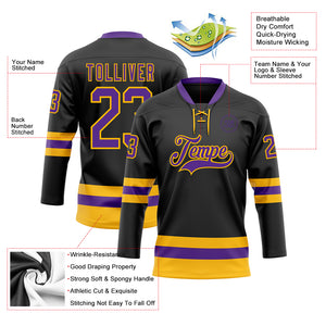 Custom Black Purple-Gold Hockey Lace Neck Jersey