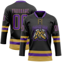 Загрузить изображение в средство просмотра галереи, Custom Black Purple-Old Gold Hockey Lace Neck Jersey
